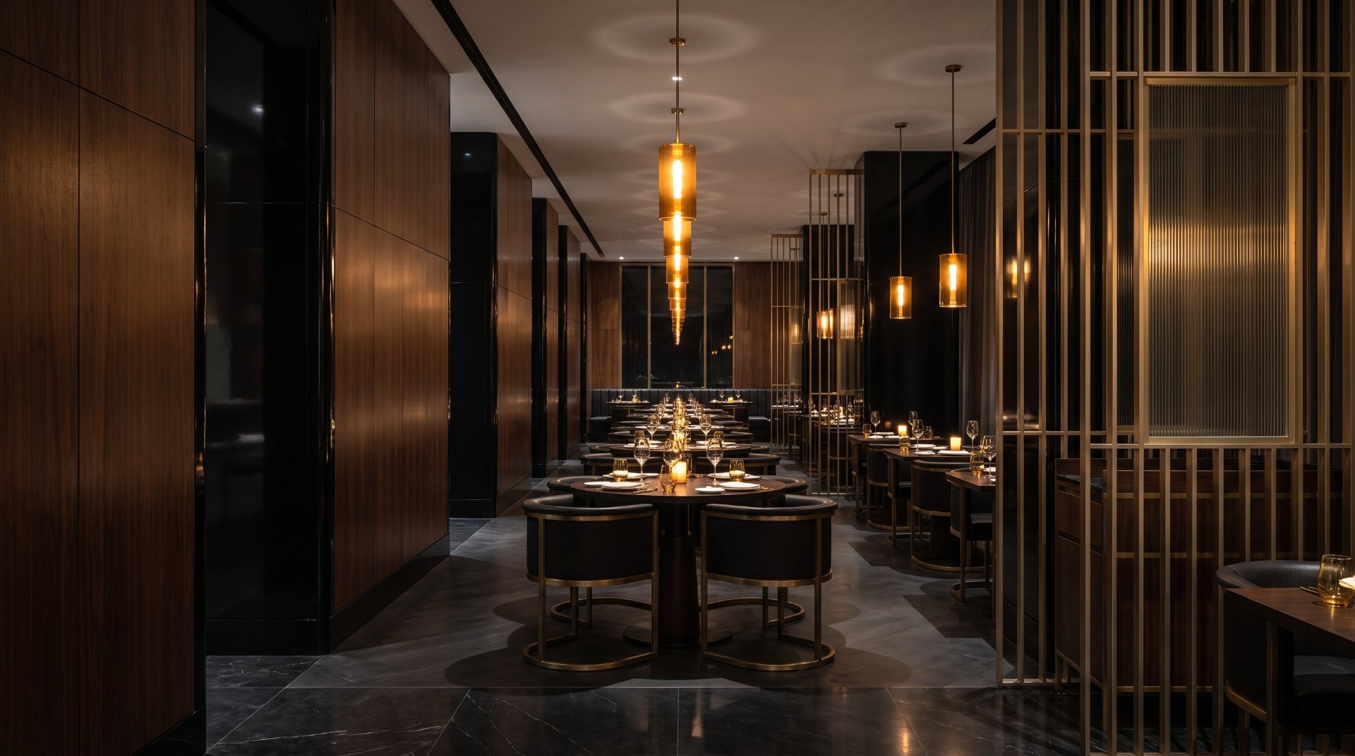 An empty fine-dining room at night, lit by a row of gold pendant lights