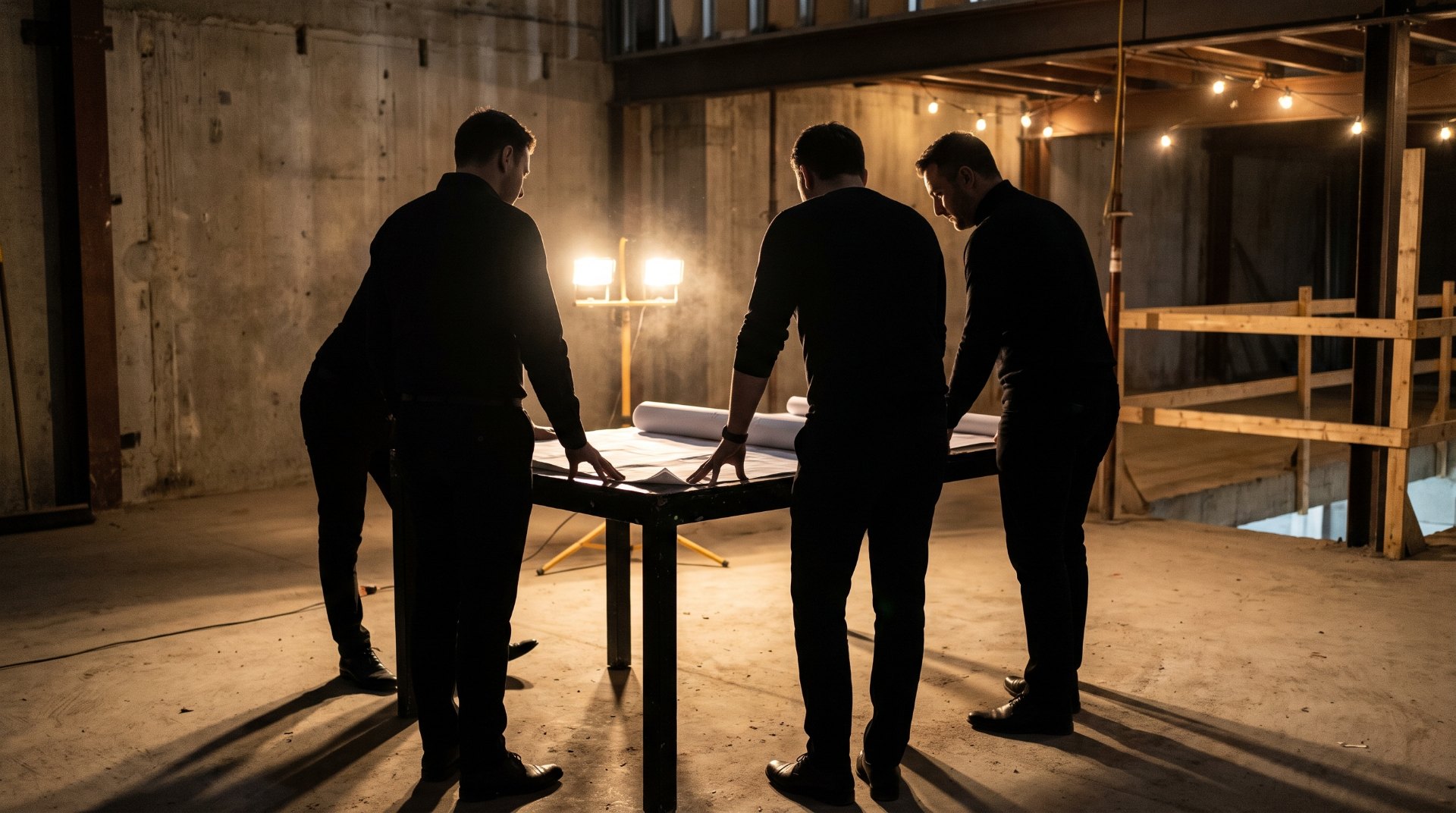 Consultants reviewing floor plans inside a restaurant under construction